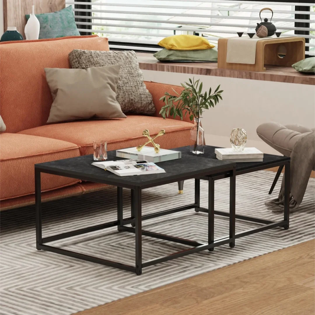 LUVODI Nesting Coffee Table Set of 2 Sintered Stone Top Black Metal Frame Space Saving Accent Tables for Living Room