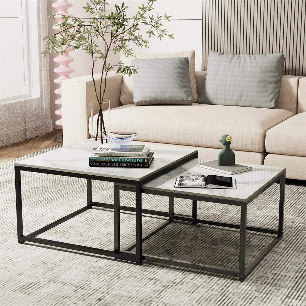LUVODI Nesting Coffee Table Set of 2 Sintered Stone Top Black Metal Frame Space Saving Accent Tables for Living Room