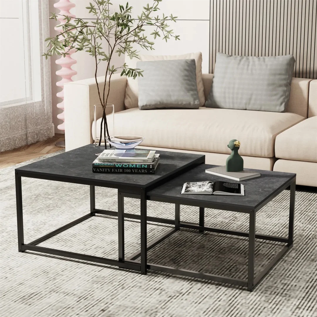 LUVODI Nesting Coffee Table Set of 2 Sintered Stone Top Black Metal Frame Space Saving Accent Tables for Living Room