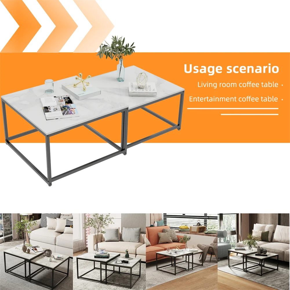 LUVODI Nesting Coffee Table Set of 2 Sintered Stone Top Black Metal Frame Space Saving Accent Tables for Living Room
