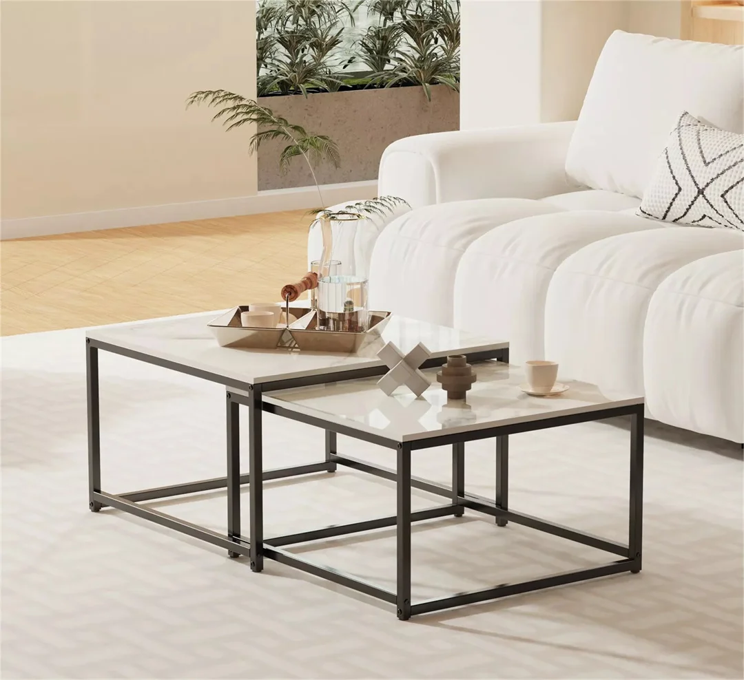 LUVODI Nesting Coffee Table Set of 2 Sintered Stone Top Black Metal Frame Space Saving Accent Tables for Living Room