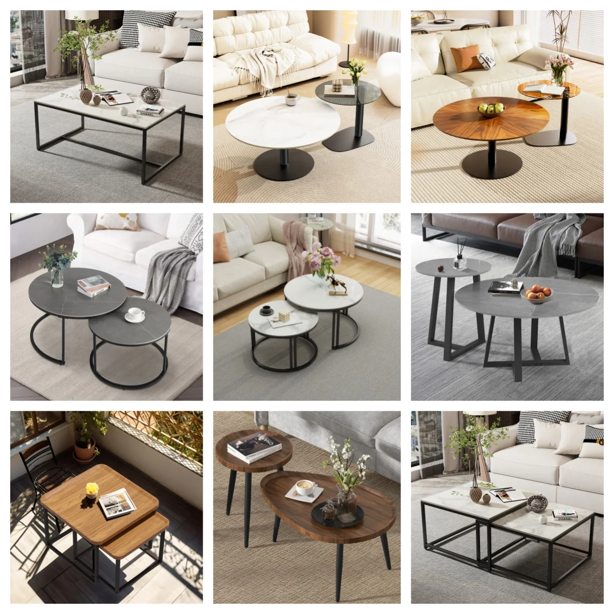 LUVODI Nesting Coffee Table Set of 2 Sintered Stone Top Black Metal Frame Space Saving Accent Tables for Living Room