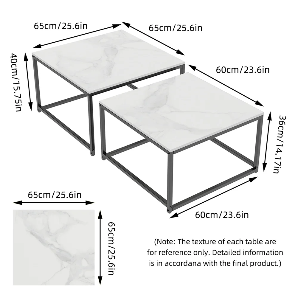 LUVODI Nesting Coffee Table Set of 2 Sintered Stone Top Black Metal Frame Space Saving Accent Tables for Living Room