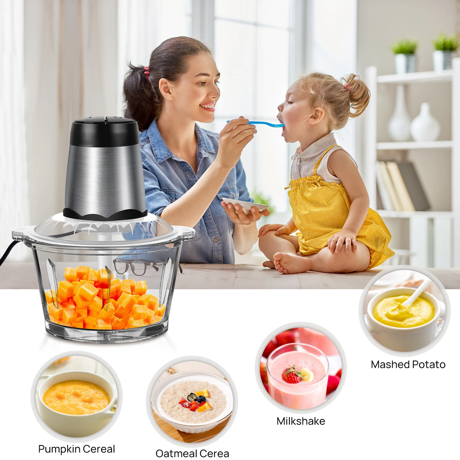300W Electric Meat Grinder Mincer with 2 L Glass Container, 2 Speed, 4 Durable Blades, Easy to Use and Clean