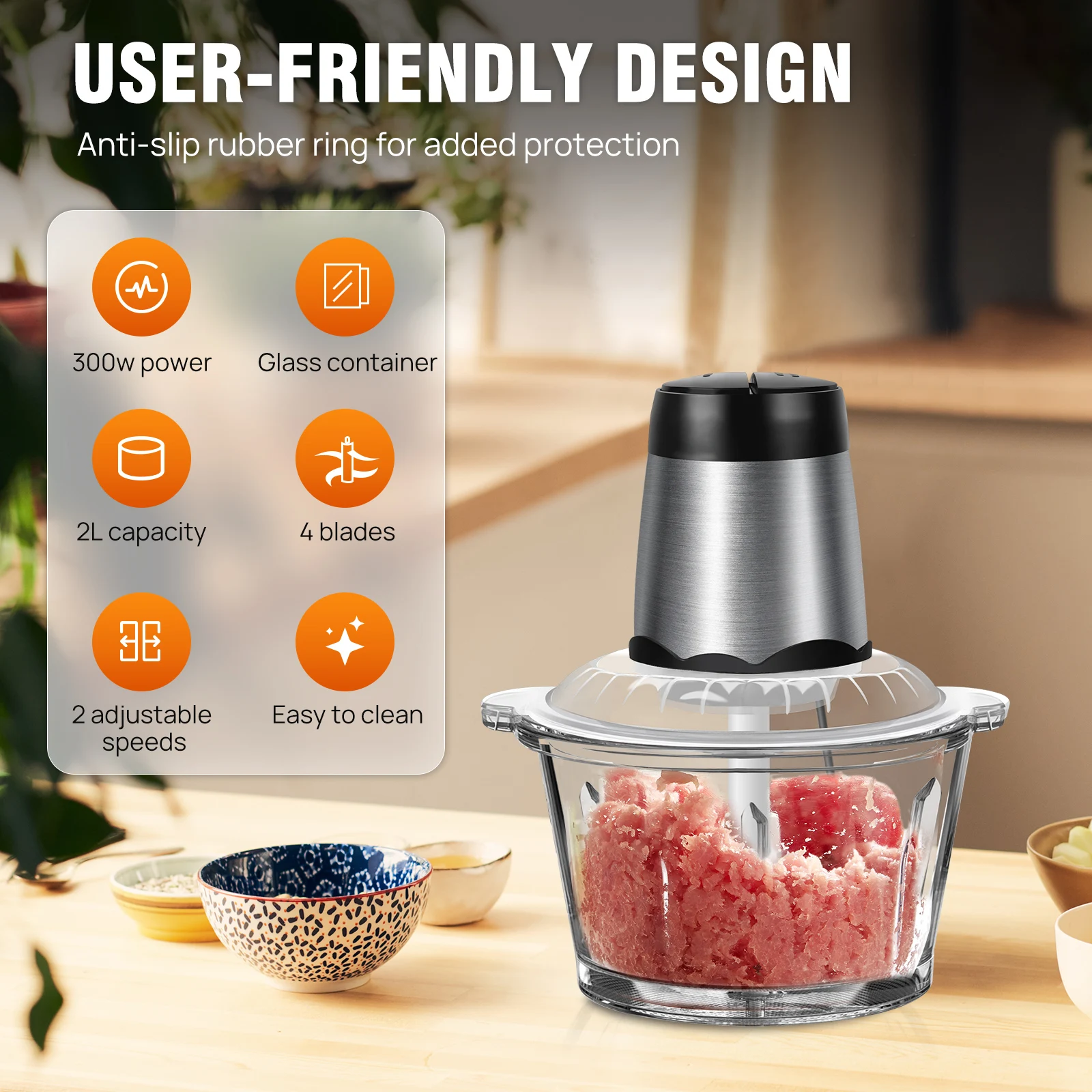 300W Electric Meat Grinder Mincer with 2 L Glass Container, 2 Speed, 4 Durable Blades, Easy to Use and Clean