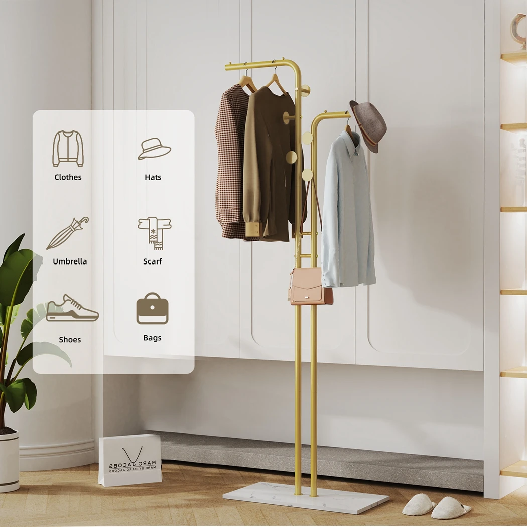 Heavy Duty Metal Coat Rack Stand Free Standing Gold Coat Hanger Garment Rack Hat Stand with 5 Hooks and Marble Base