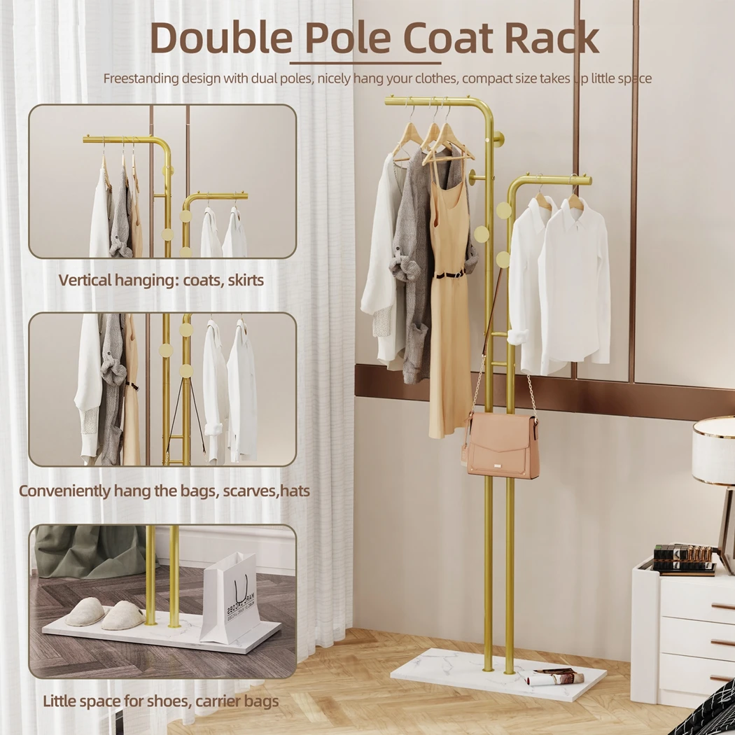 Heavy Duty Metal Coat Rack Stand Free Standing Gold Coat Hanger Garment Rack Hat Stand with 5 Hooks and Marble Base