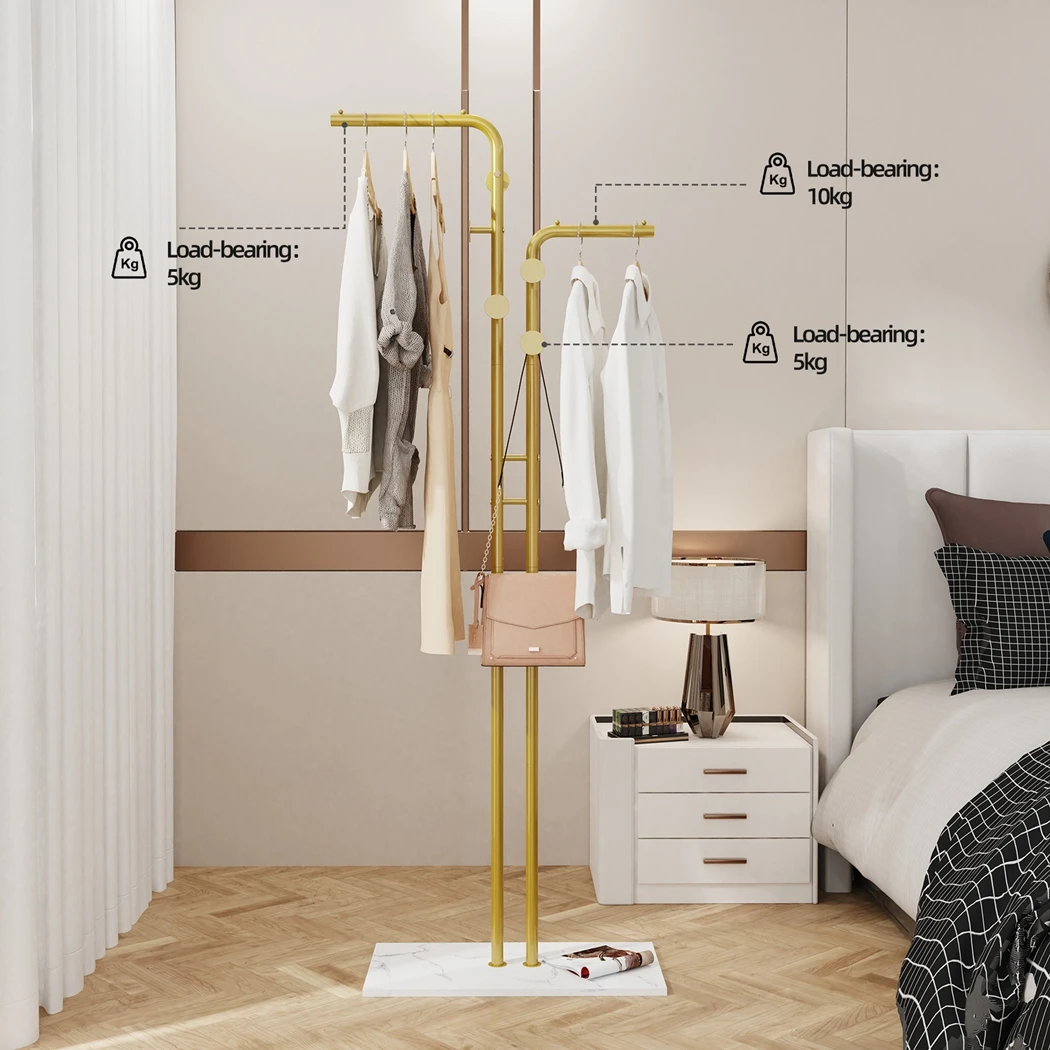 Heavy Duty Metal Coat Rack Stand Free Standing Gold Coat Hanger Garment Rack Hat Stand with 5 Hooks and Marble Base