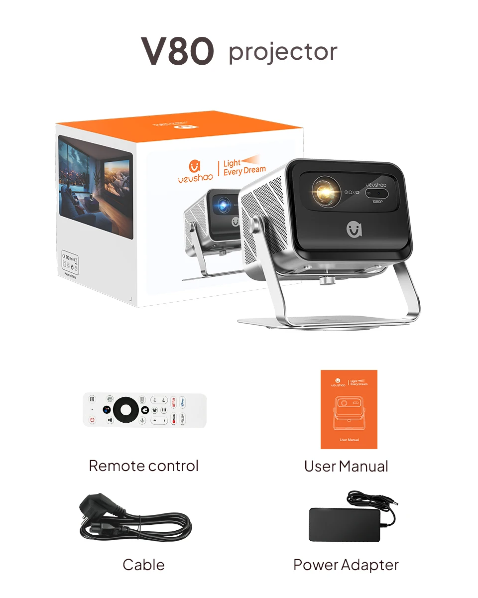 VEVSHAO V80 4K Projector Full HD1080P 2200 Anis Lumens Android 11.0 WiFi 6 Video Home Movie Theater Projectors with Base Stand