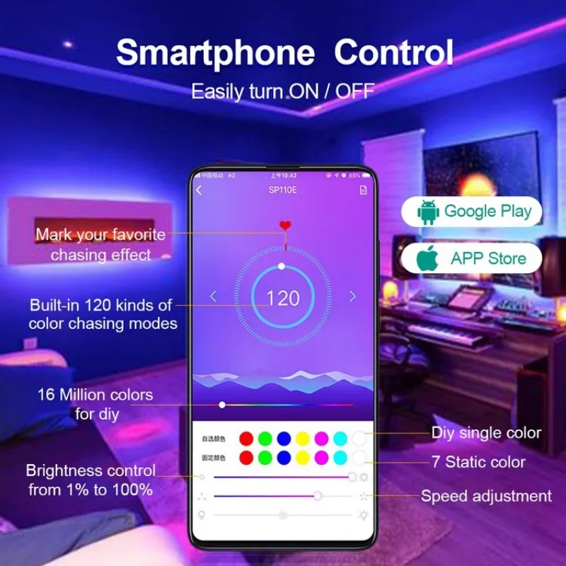 5M 10M DC12V WS2811 RGB LED Strip SP110E Bluetooth APP Controller Pixel Strips Set 5050 SMD 30/60LEDs/m Addressable Full Color