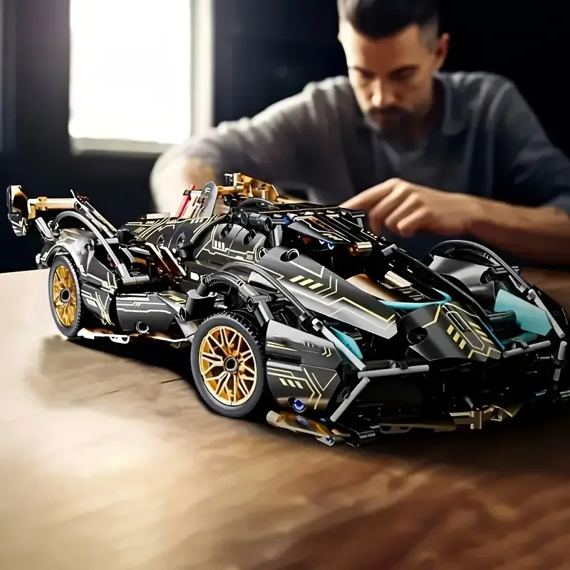 Building Block Racing Car V12 Building Block Car Black and Gold Fine Desktop Wooden Model Car Birthday Gift Gift for boyfriend