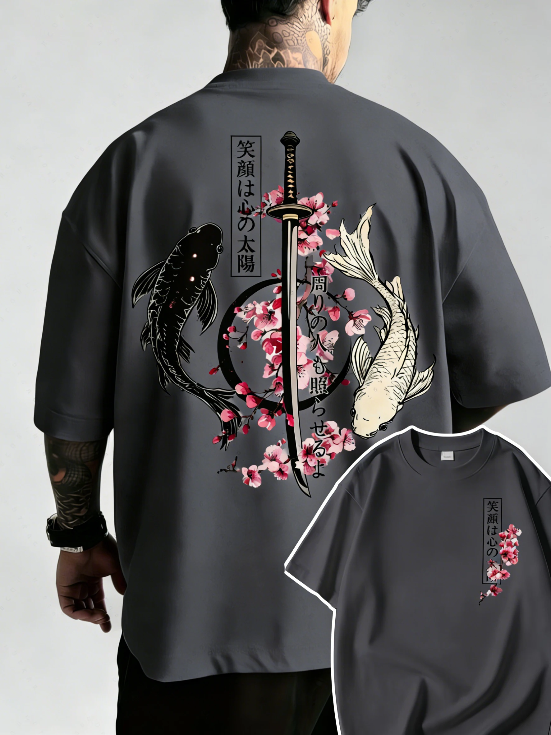 Summer Hot Japanese Yin Yang Koi Fish & Samurai Sword Pattern Cotton Men’s T-Shirt Short Sleeve Tees Casual Oversized Unisex Top
