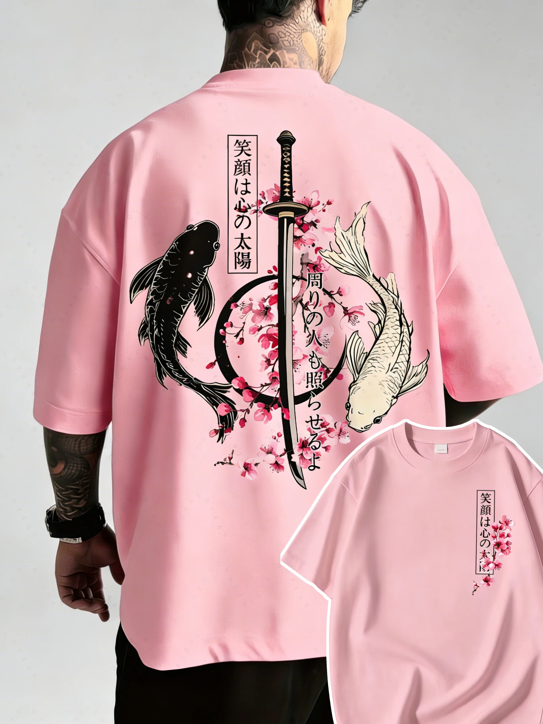 Summer Hot Japanese Yin Yang Koi Fish & Samurai Sword Pattern Cotton Men’s T-Shirt Short Sleeve Tees Casual Oversized Unisex Top