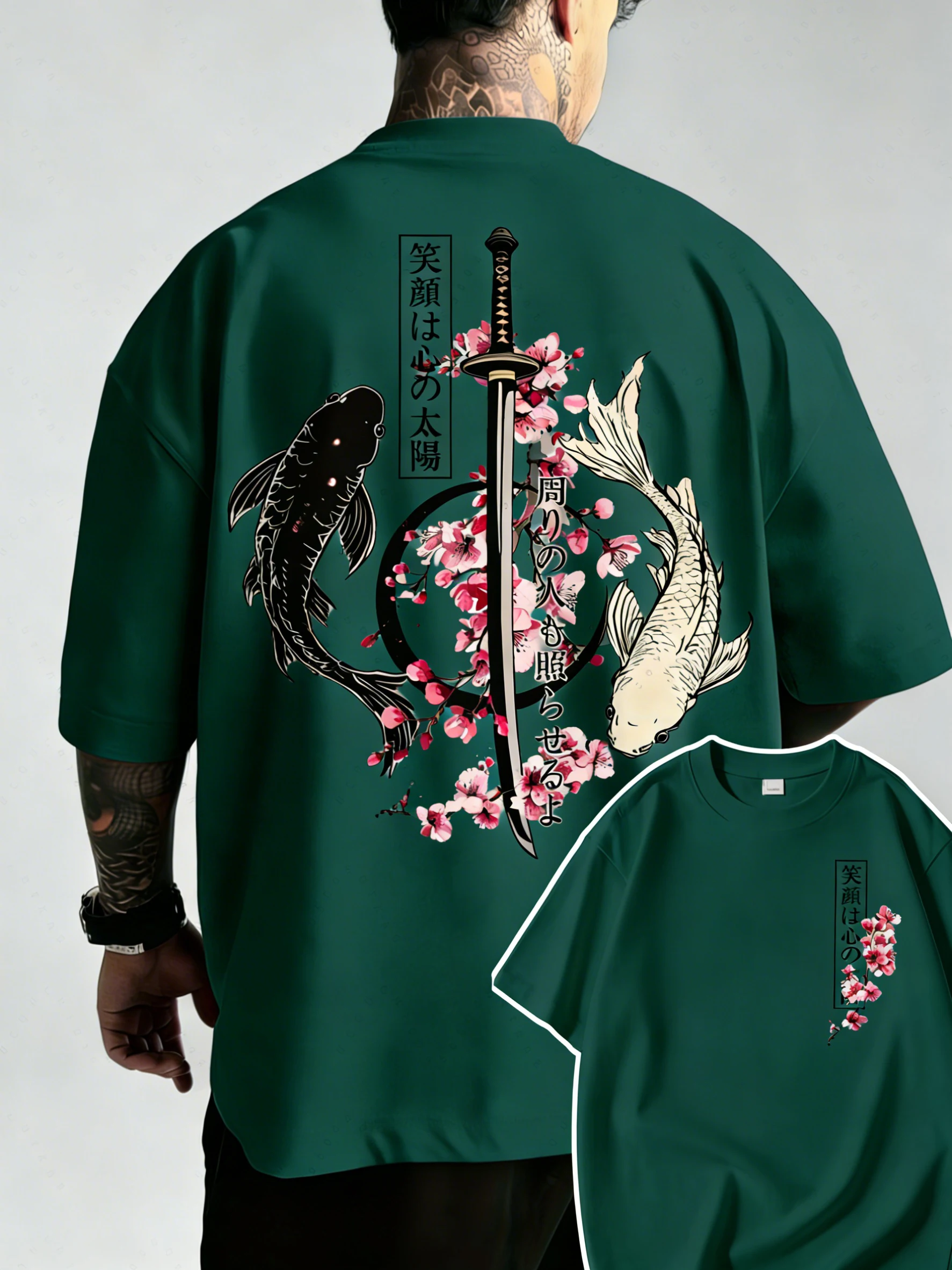 Summer Hot Japanese Yin Yang Koi Fish & Samurai Sword Pattern Cotton Men’s T-Shirt Short Sleeve Tees Casual Oversized Unisex Top