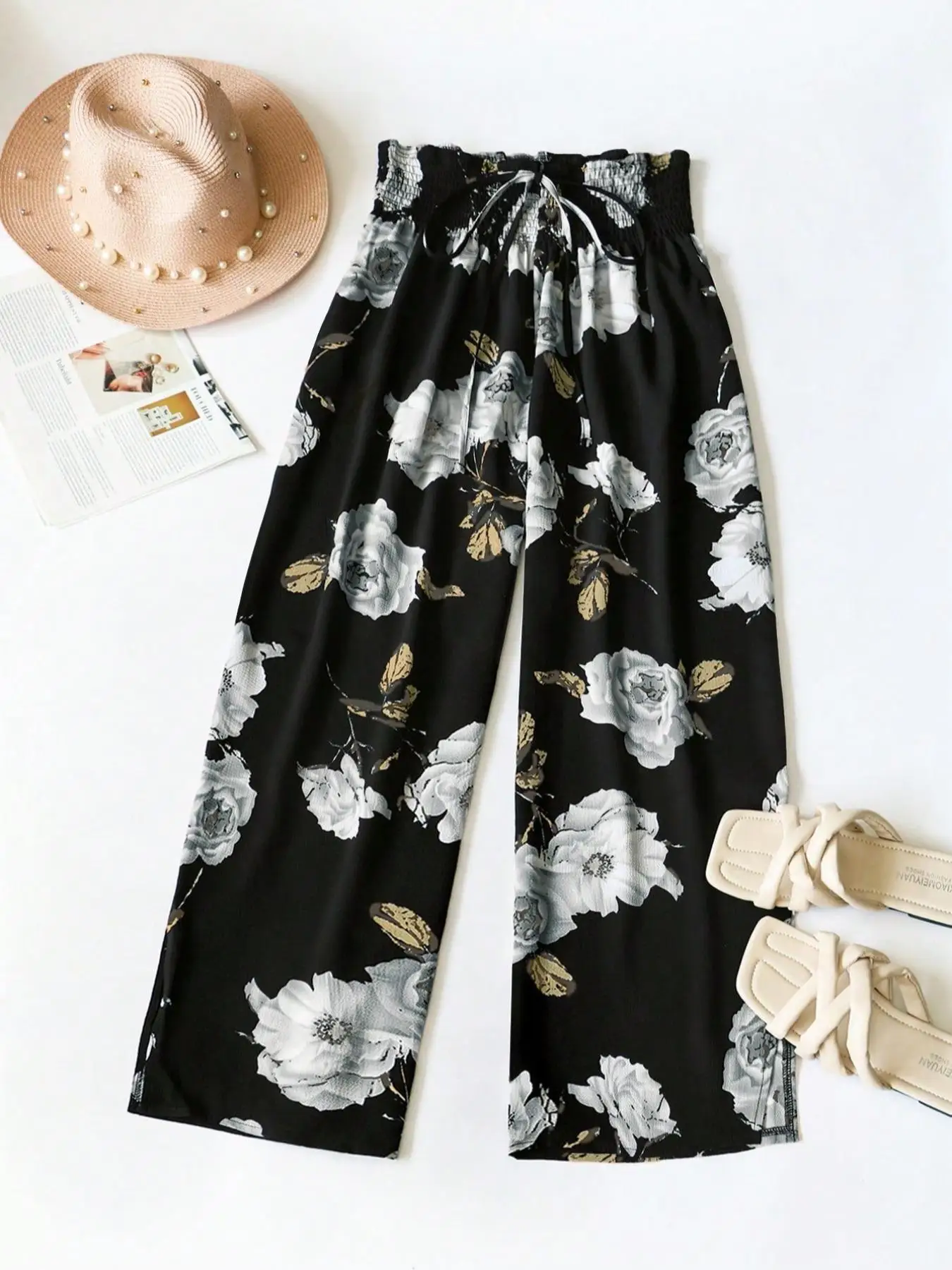 【Plus Size Floral Print Bow Front Wide Leg Pants, Boho Shirred High Waist Trousers for Holiday Wear