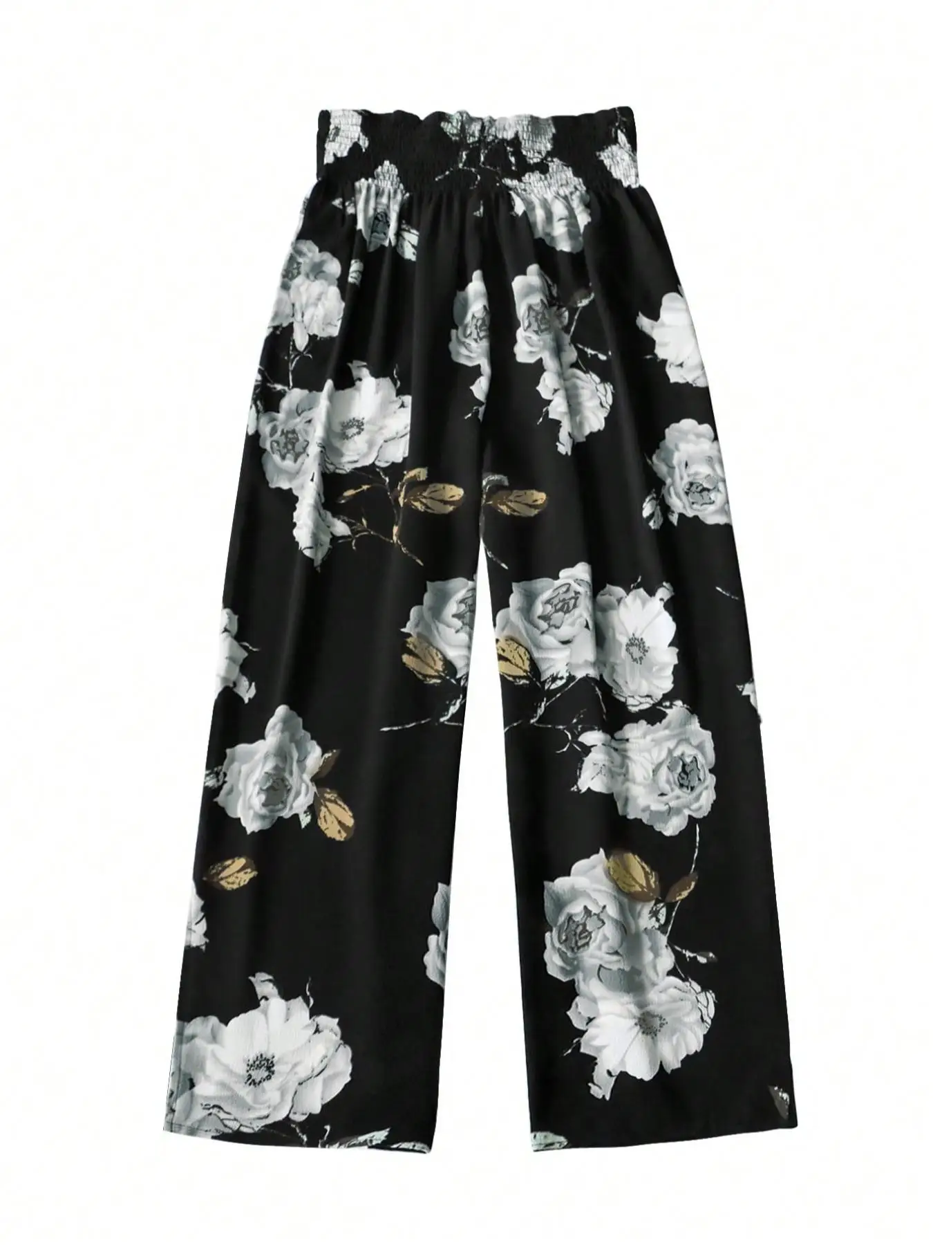 【Plus Size Floral Print Bow Front Wide Leg Pants, Boho Shirred High Waist Trousers for Holiday Wear