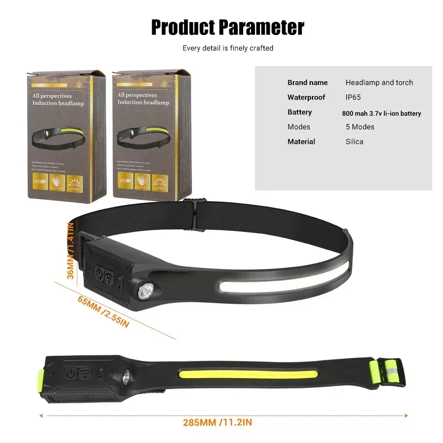 Super Bright Motion Sensor LED Headlamp Rechargeable Headlight 5-mode Lighting Waterproof Head Torch for Fishing Camping Hiking