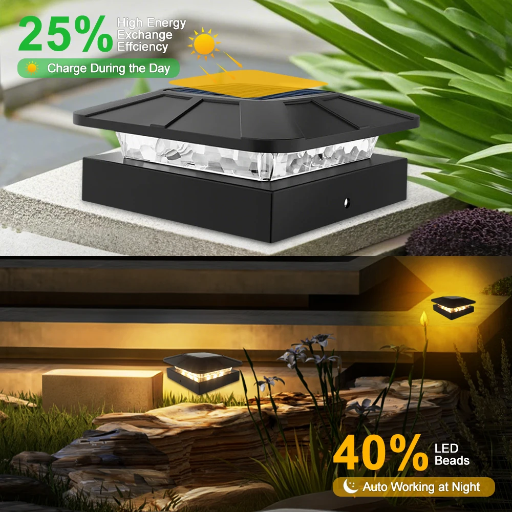 4x4in Solar Post Cap Lights Outdoor with 3 Modes Waterproof Fence Light Solar Powered for Deck Yard Garden Patio Outside Decor