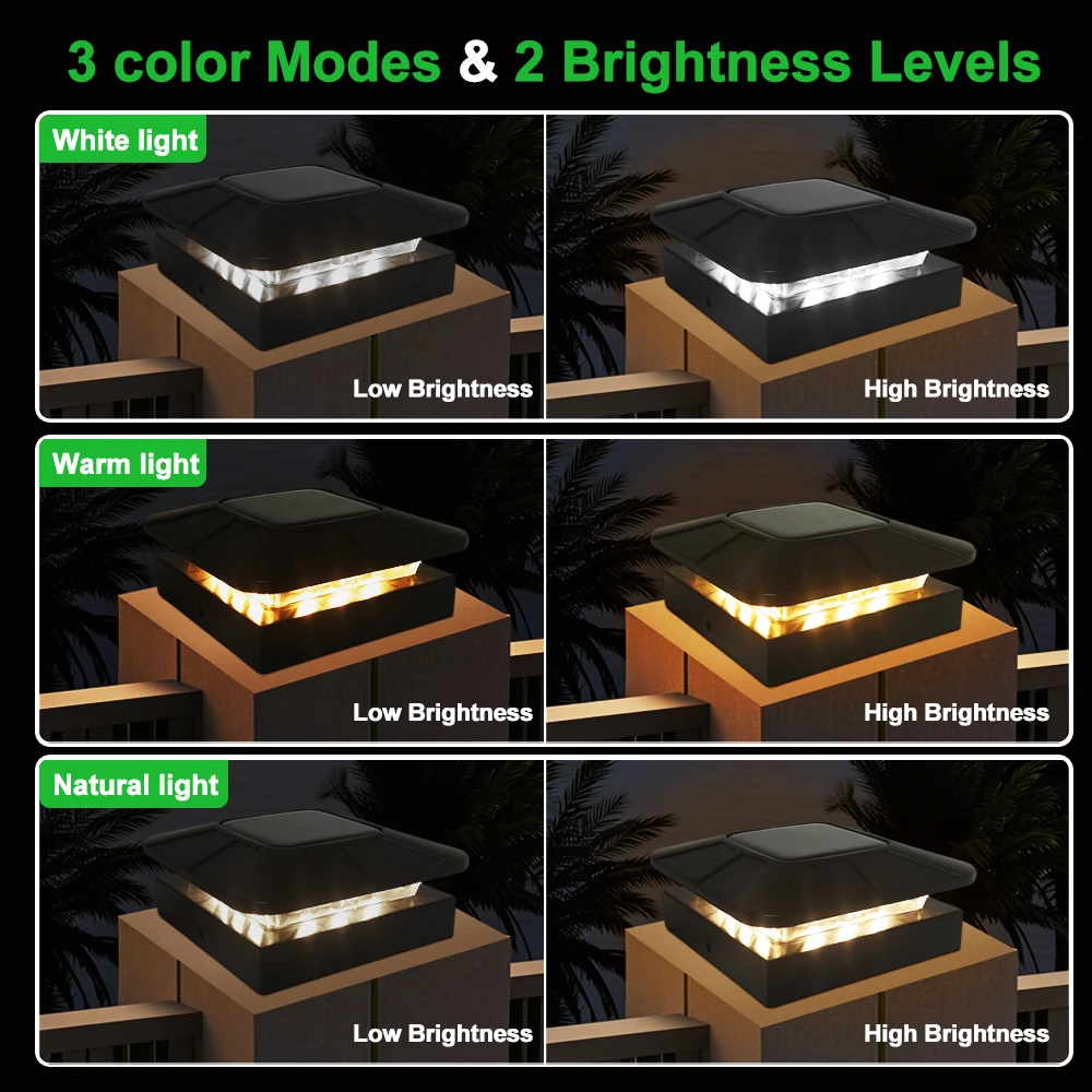 4x4in Solar Post Cap Lights Outdoor with 3 Modes Waterproof Fence Light Solar Powered for Deck Yard Garden Patio Outside Decor