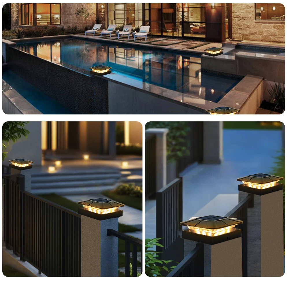4x4in Solar Post Cap Lights Outdoor with 3 Modes Waterproof Fence Light Solar Powered for Deck Yard Garden Patio Outside Decor