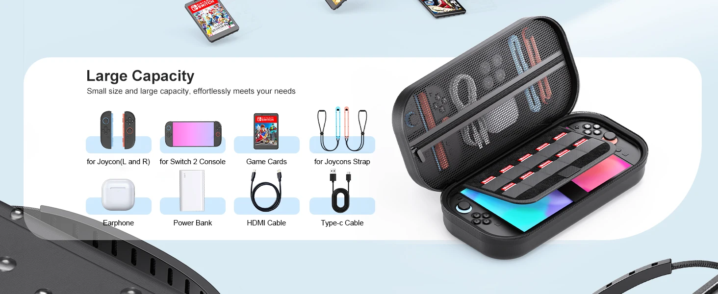 Switch 2 Large Capacity Carrying Case for Switch 2 (2025), Portable PU Hard Travel Case with Pockets for Accessories&Game Cards