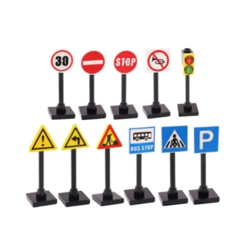 Urban Traffic Signs Street Speed Limit Warnings Assembly Parts MOC Street Lights Traffic Lights Building Blocks Educational Toys