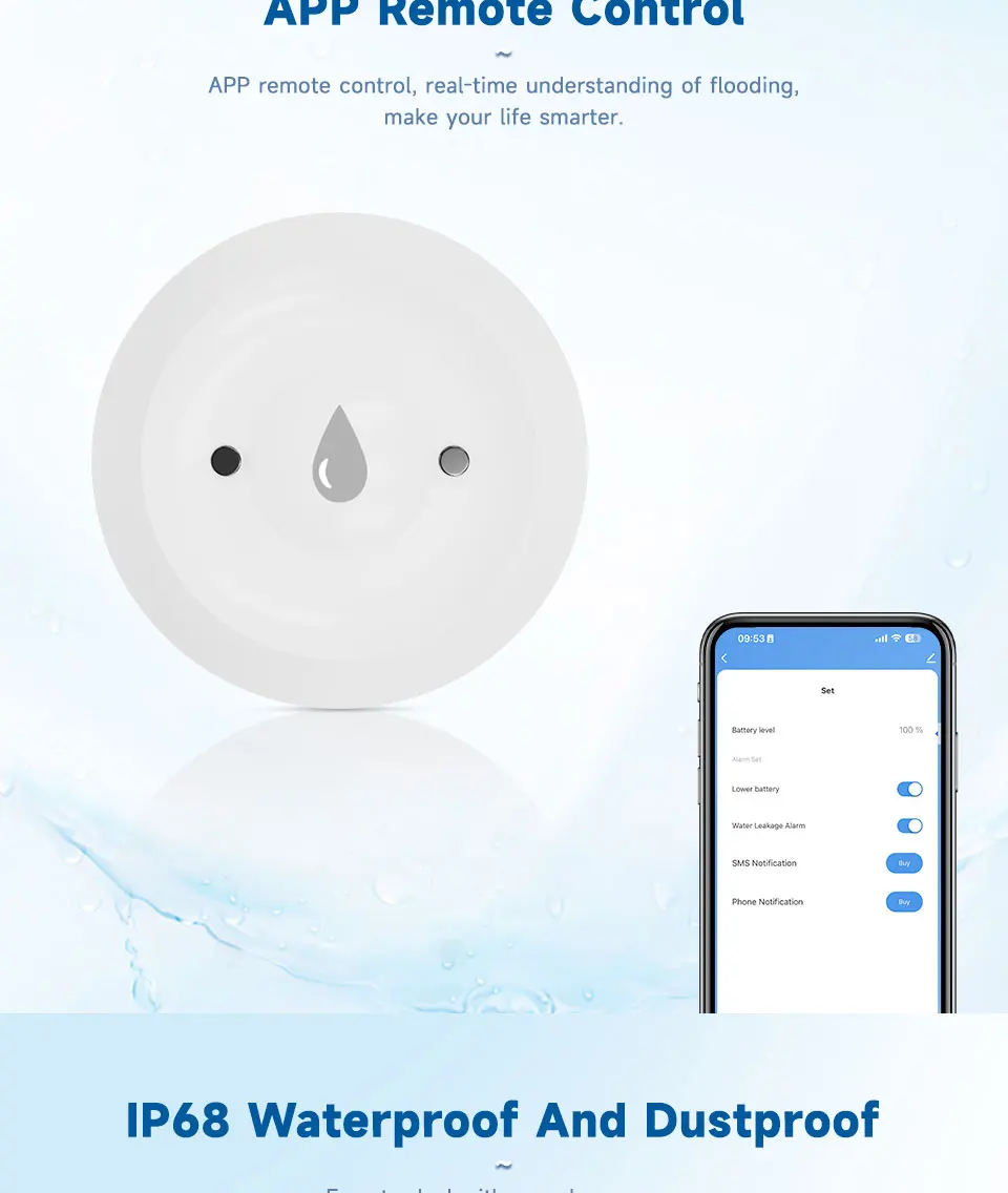 Tuya ZigBee Smart Water Leak Sensor Flood Leakage Sensor Alarm APP Remote Monitoring Flood Overflow for Kitchen Bathroom