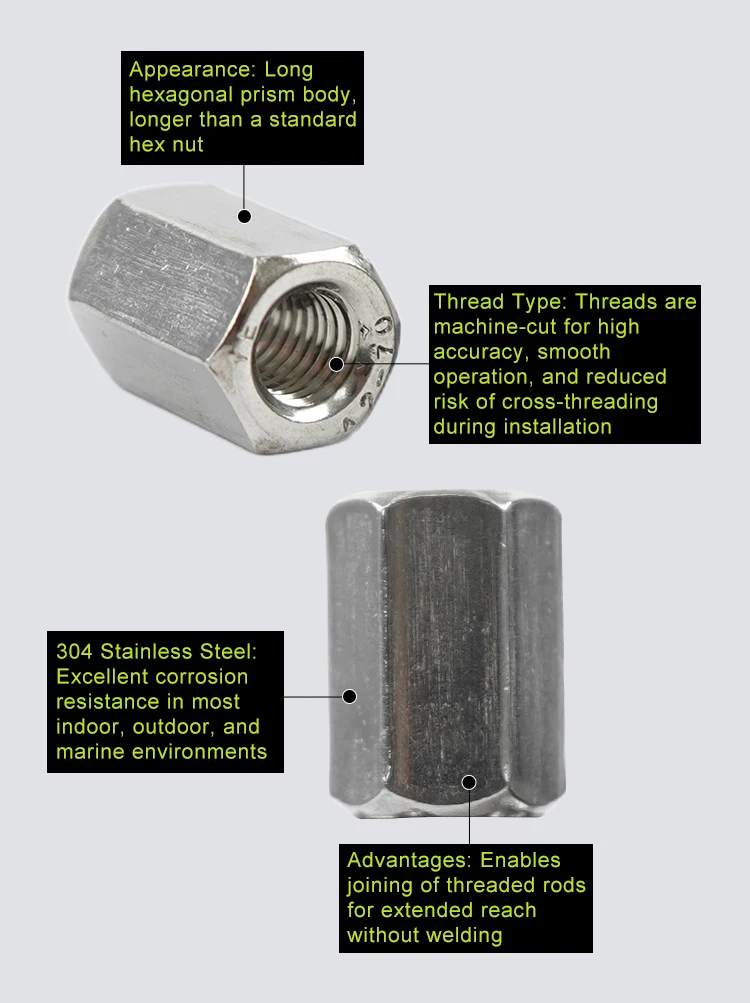 Hexagon Extend Long Rod Coupling Nuts 304 Stainless Steel m3 m4 m5 m6 m8 m10 m12 m14 Hex Lengthened Coupling Nut for 3D Printer