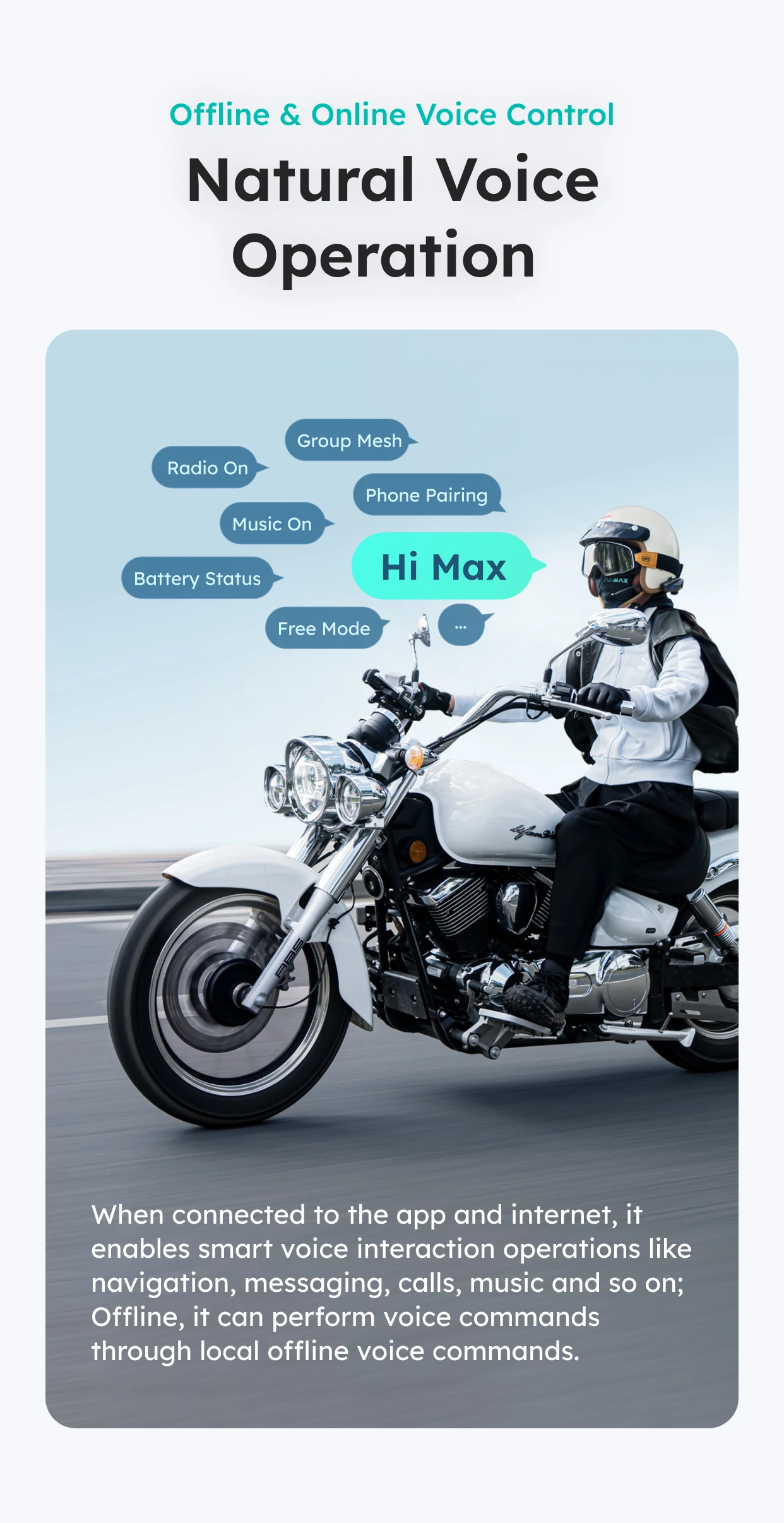 ASMAX S1 Helmet Bluetooth Headset, 50-Rider CloudTalk, Voice Control Motorcycle Intercom, FM Radio, ENC, IPX7 Waterproof