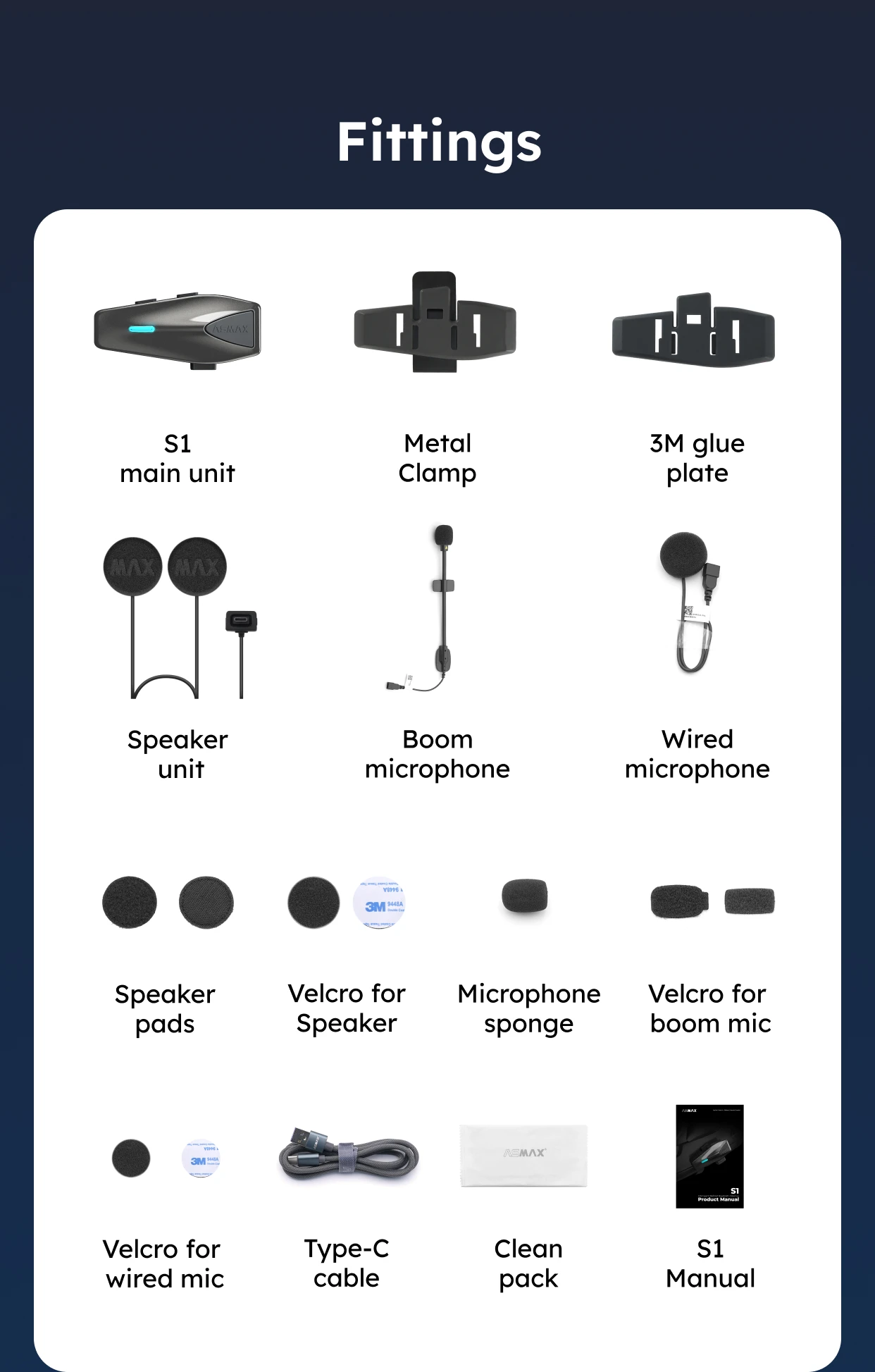 ASMAX S1 Helmet Bluetooth Headset, 50-Rider CloudTalk, Voice Control Motorcycle Intercom, FM Radio, ENC, IPX7 Waterproof