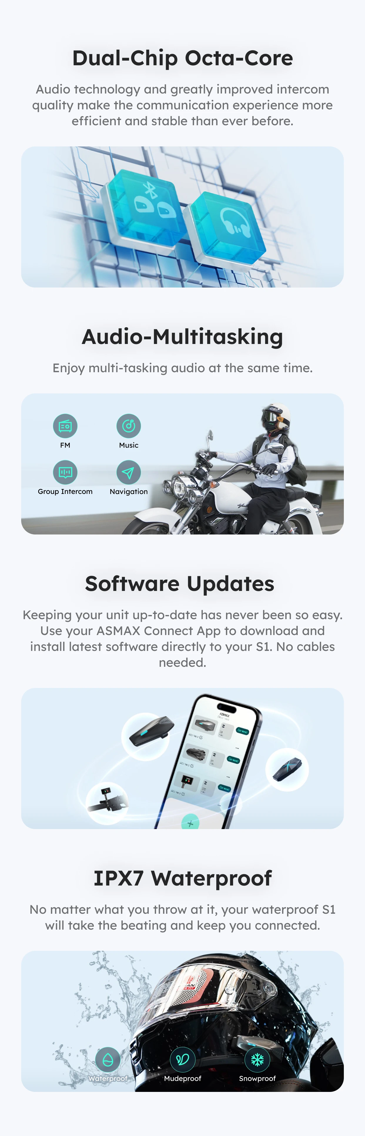 ASMAX S1 Helmet Bluetooth Headset, 50-Rider CloudTalk, Voice Control Motorcycle Intercom, FM Radio, ENC, IPX7 Waterproof