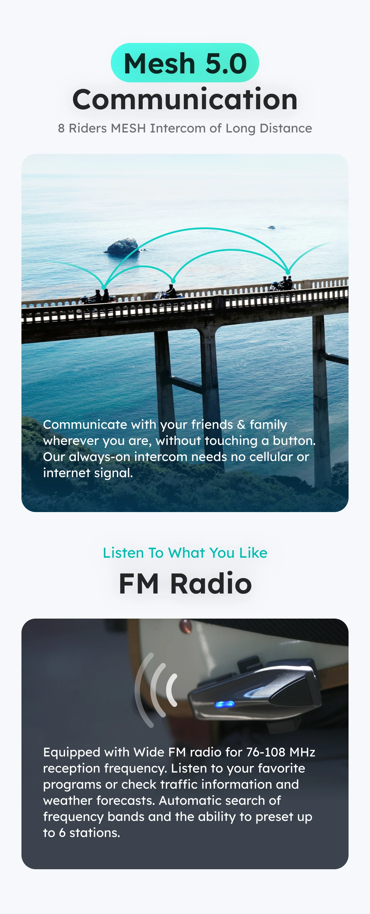 ASMAX S1 Helmet Bluetooth Headset, 50-Rider CloudTalk, Voice Control Motorcycle Intercom, FM Radio, ENC, IPX7 Waterproof
