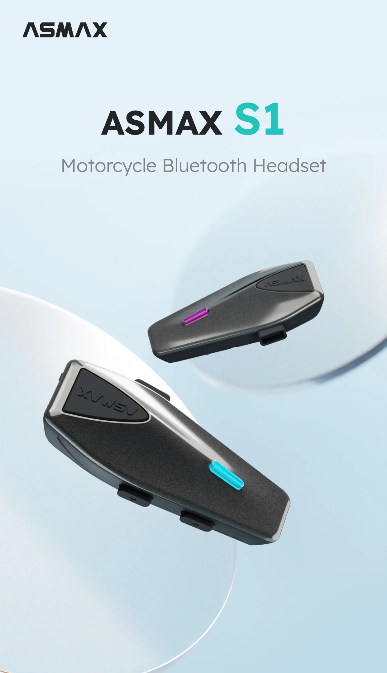 ASMAX S1 Helmet Bluetooth Headset, 50-Rider CloudTalk, Voice Control Motorcycle Intercom, FM Radio, ENC, IPX7 Waterproof