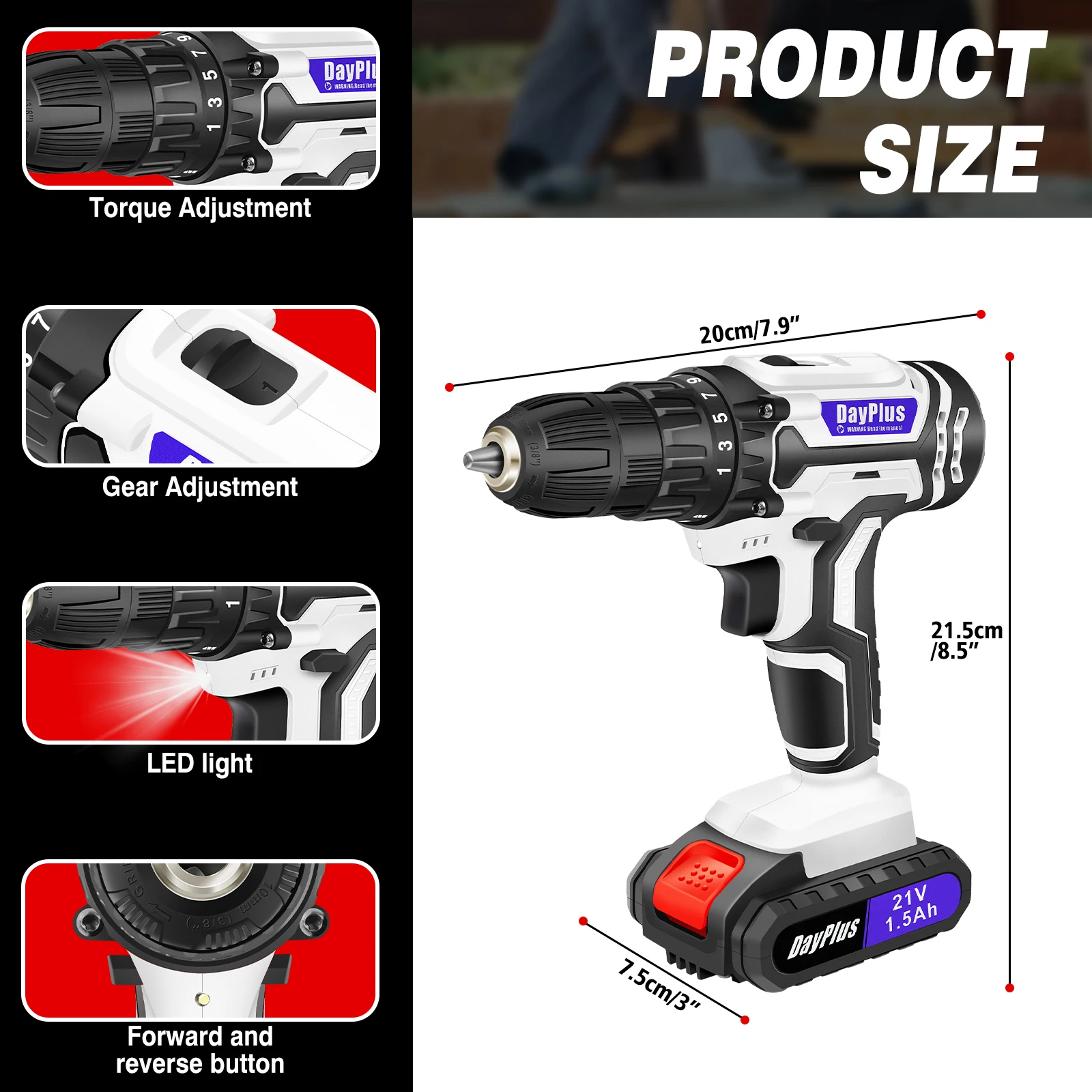 DayPlus Cordless Drill Set Electric Screwdriver Drill Set with 2-Variable Speed, 25+1 Torque,21V Li-ion Battery & Fast Charger