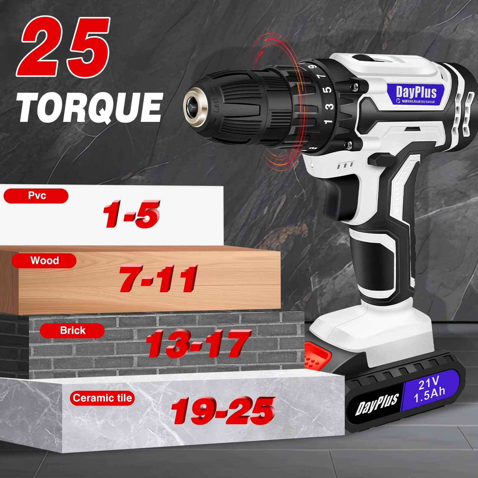 DayPlus Cordless Drill Set Electric Screwdriver Drill Set with 2-Variable Speed, 25+1 Torque,21V Li-ion Battery & Fast Charger