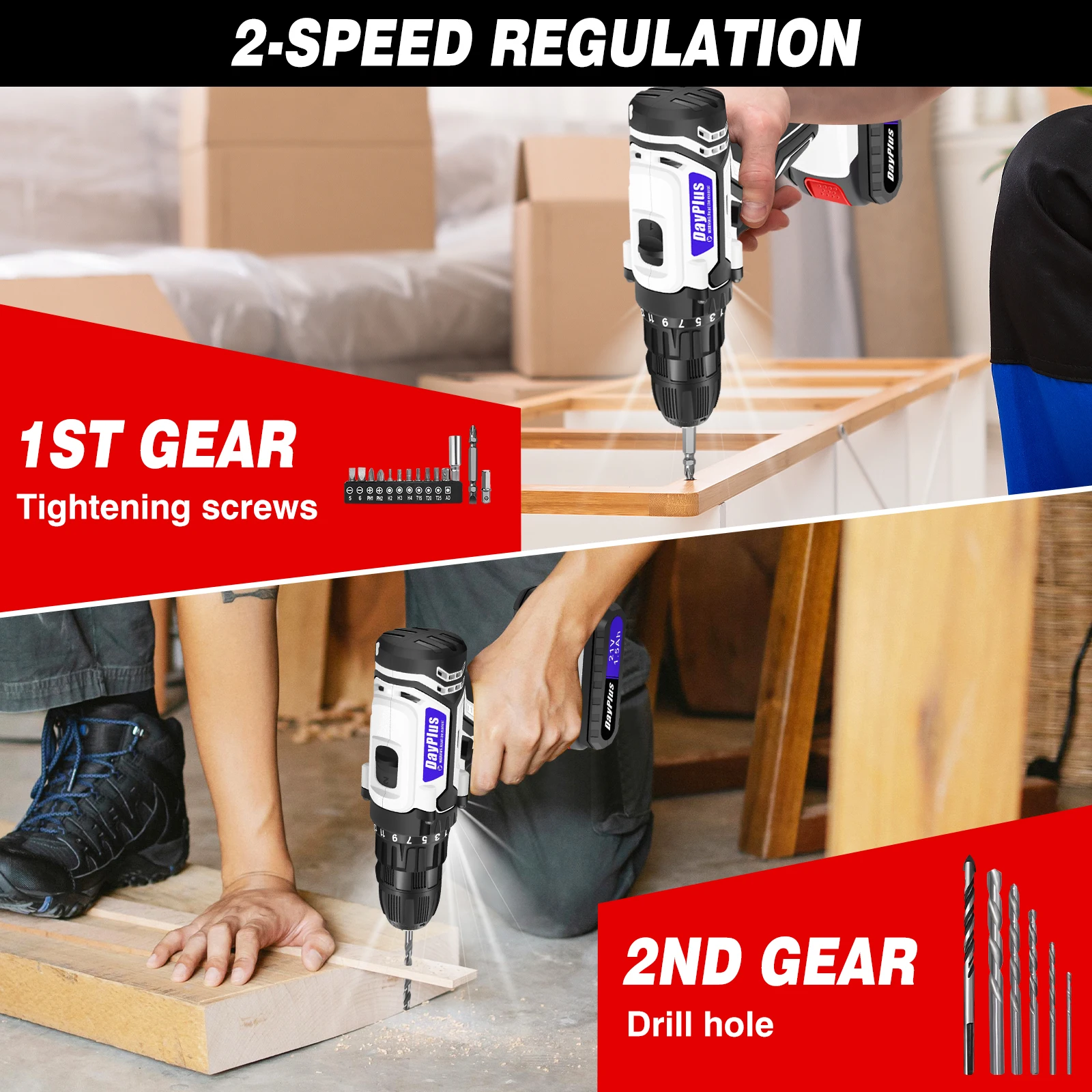 DayPlus Cordless Drill Set Electric Screwdriver Drill Set with 2-Variable Speed, 25+1 Torque,21V Li-ion Battery & Fast Charger