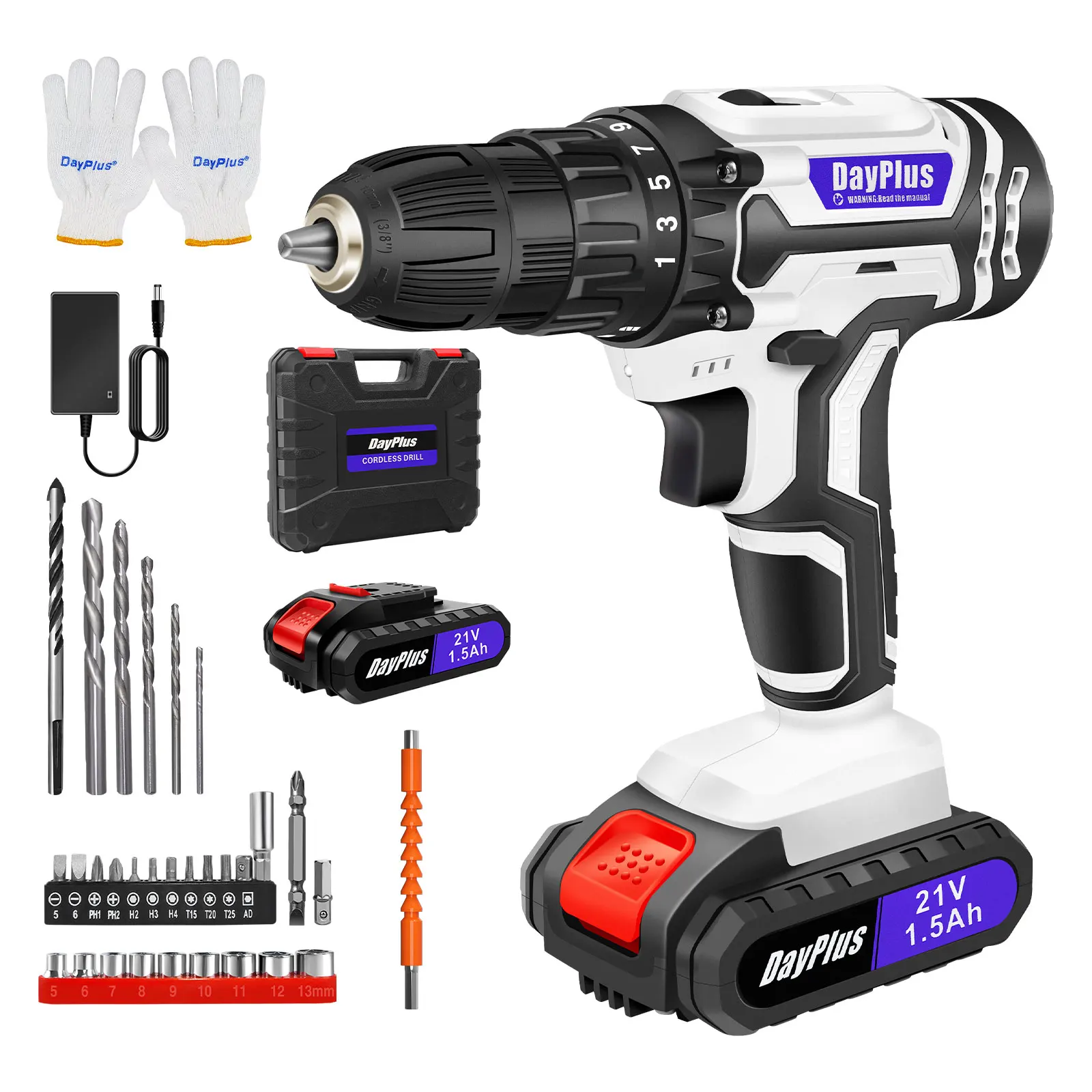 DayPlus Cordless Drill Set Electric Screwdriver Drill Set with 2-Variable Speed, 25+1 Torque,21V Li-ion Battery & Fast Charger