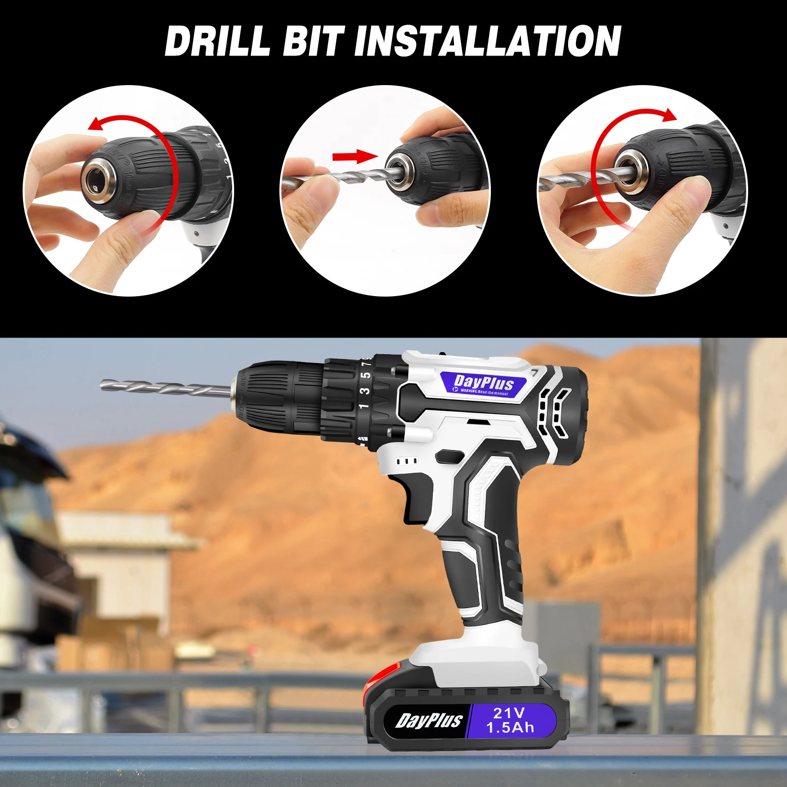 DayPlus Cordless Drill Set Electric Screwdriver Drill Set with 2-Variable Speed, 25+1 Torque,21V Li-ion Battery & Fast Charger