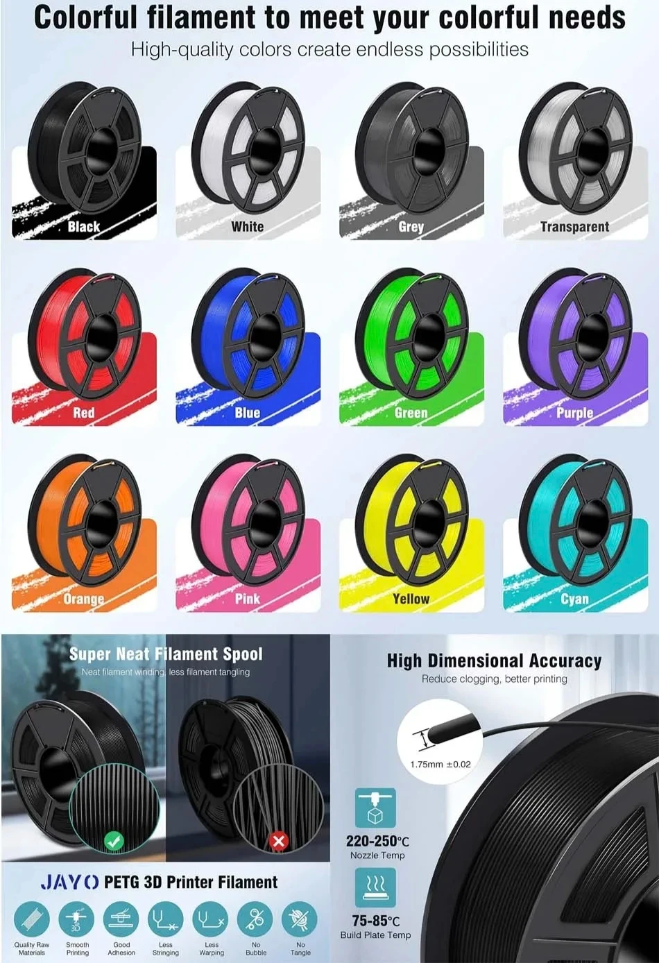 JAYO 10rolls 1.75mm PETG/PLA/PLAPLUS/PLAPLUS2/ABS/PLA Matte/HS-PLA/Silk Filament 3d Printer For 3D Printer&3D Pen DIY