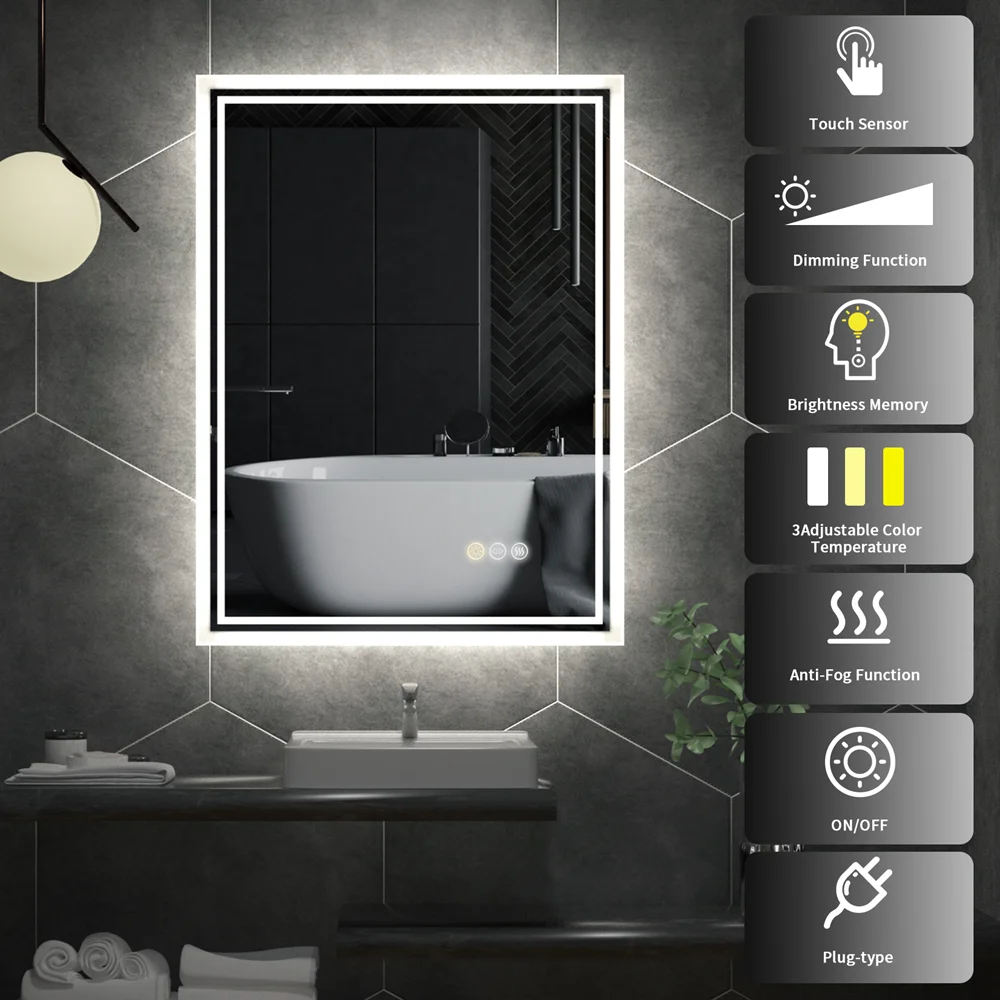 LUVODI LED Bathroom Mirror, Frameless Backlit Vanity Mirror, Dimmable 3-Color Light, Anti-Fog, Touch Sensor