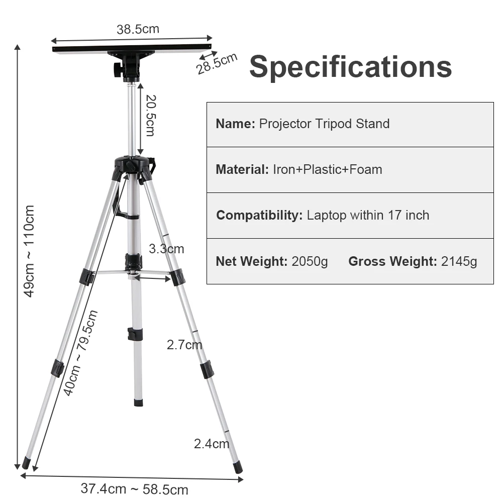 Tripod Projector Stand Foldable Laptop Stand Aluminum Projector Tripod with Plate and Carrying Bag Height Adjustable