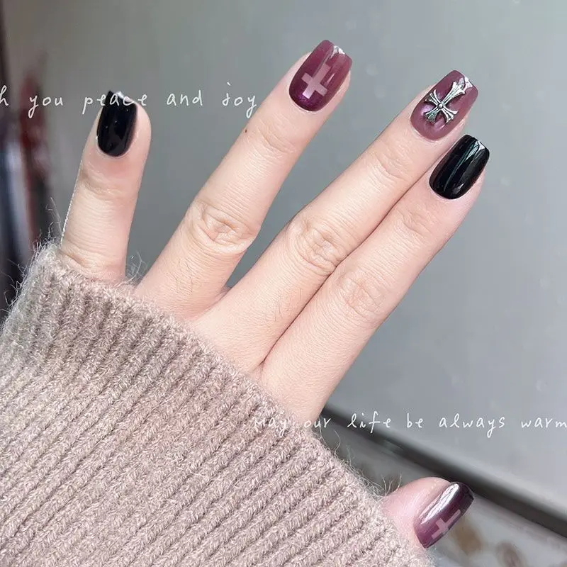 10pcs Black Purple Gothic Style 3d Cross Short Square Cat Eye Press On Fake Nails Cool Reusable Adhesive False Nails
