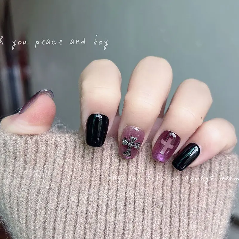 10pcs Black Purple Gothic Style 3d Cross Short Square Cat Eye Press On Fake Nails Cool Reusable Adhesive False Nails