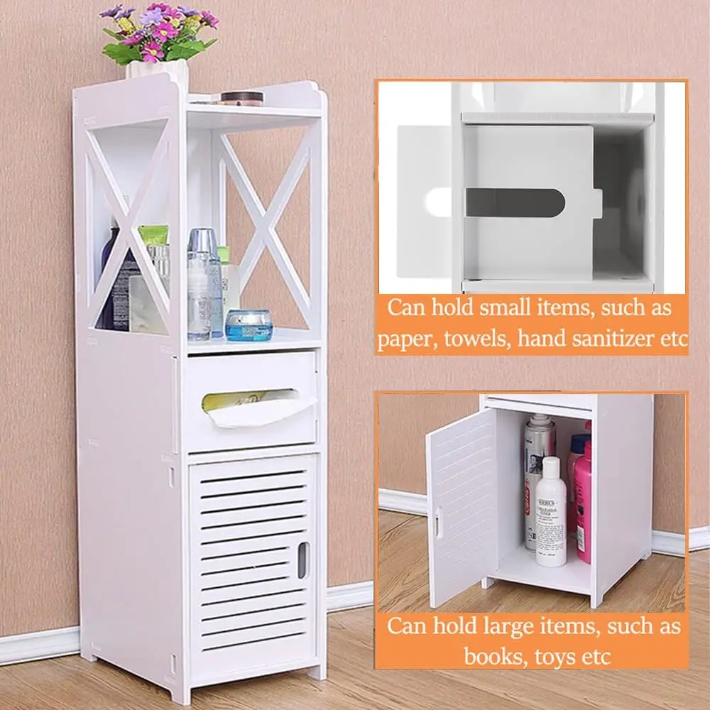 DayPlus Bathroom Waterproof Cabinet w/Paper Drawer,Tall Toilet Storage Cupboard,White Organizer Shelves,Free-standing Storage
