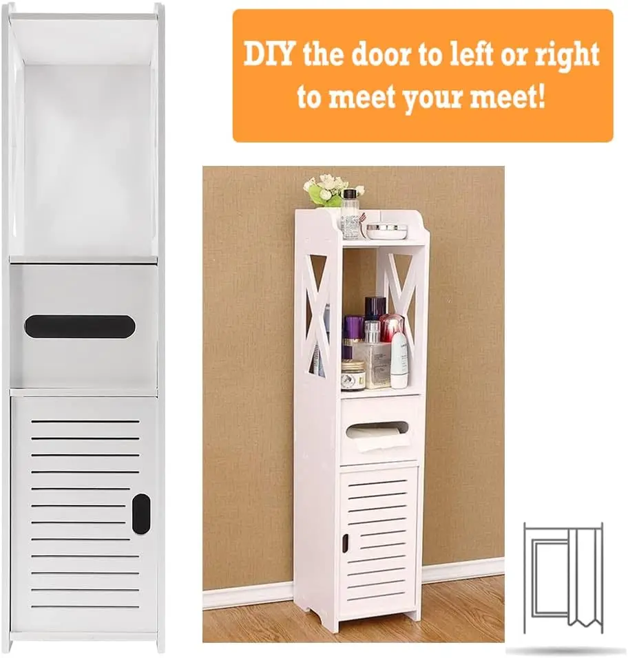 DayPlus Bathroom Waterproof Cabinet w/Paper Drawer,Tall Toilet Storage Cupboard,White Organizer Shelves,Free-standing Storage