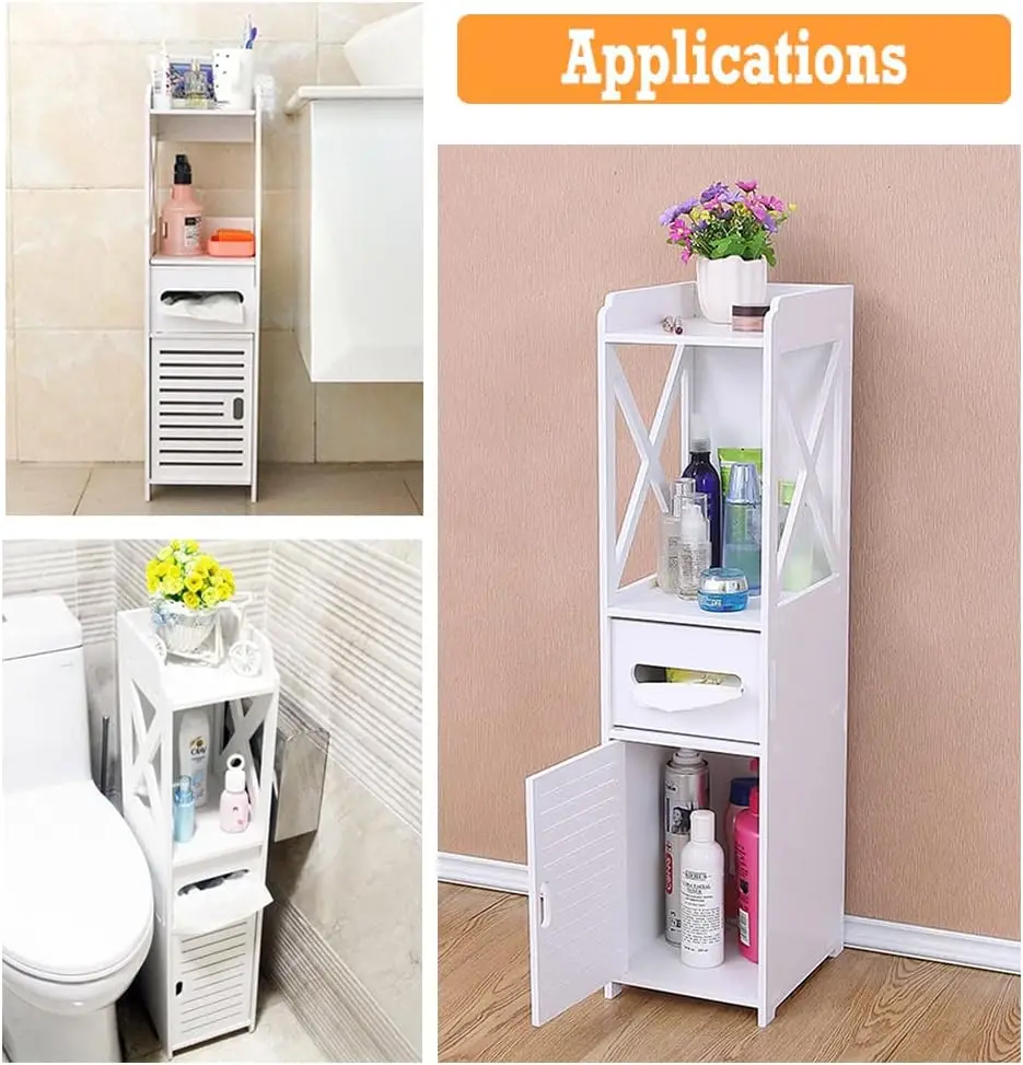 DayPlus Bathroom Waterproof Cabinet w/Paper Drawer,Tall Toilet Storage Cupboard,White Organizer Shelves,Free-standing Storage