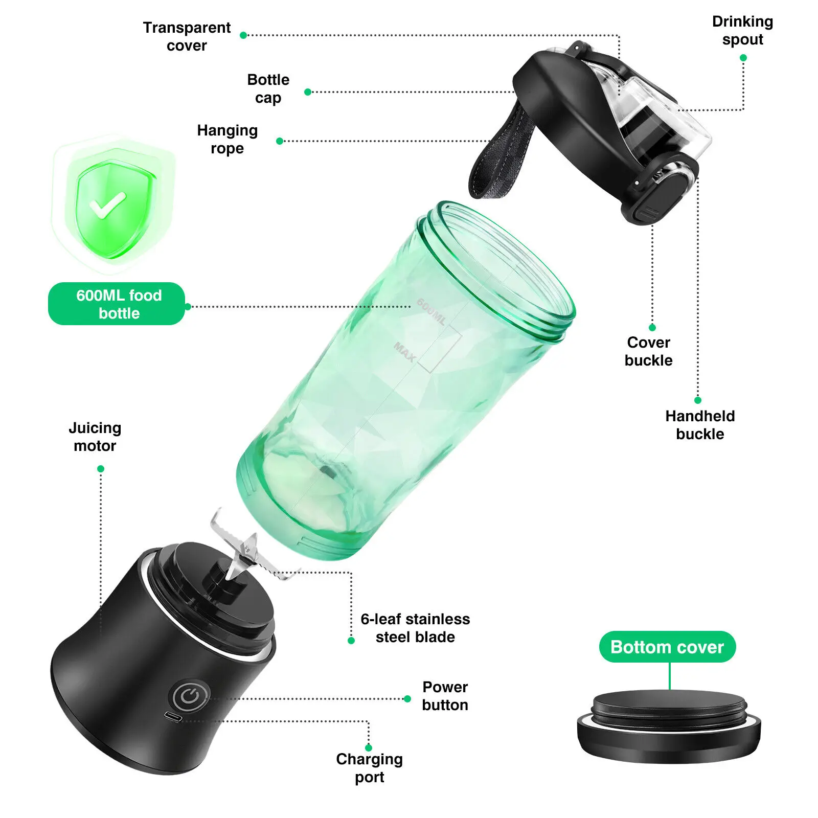 Professional 2 In 1 Portable Blender 600ML Electric Juicer Fruit Mixers USB Rechargeable Smoothie Mini Blender Personal Juicer
