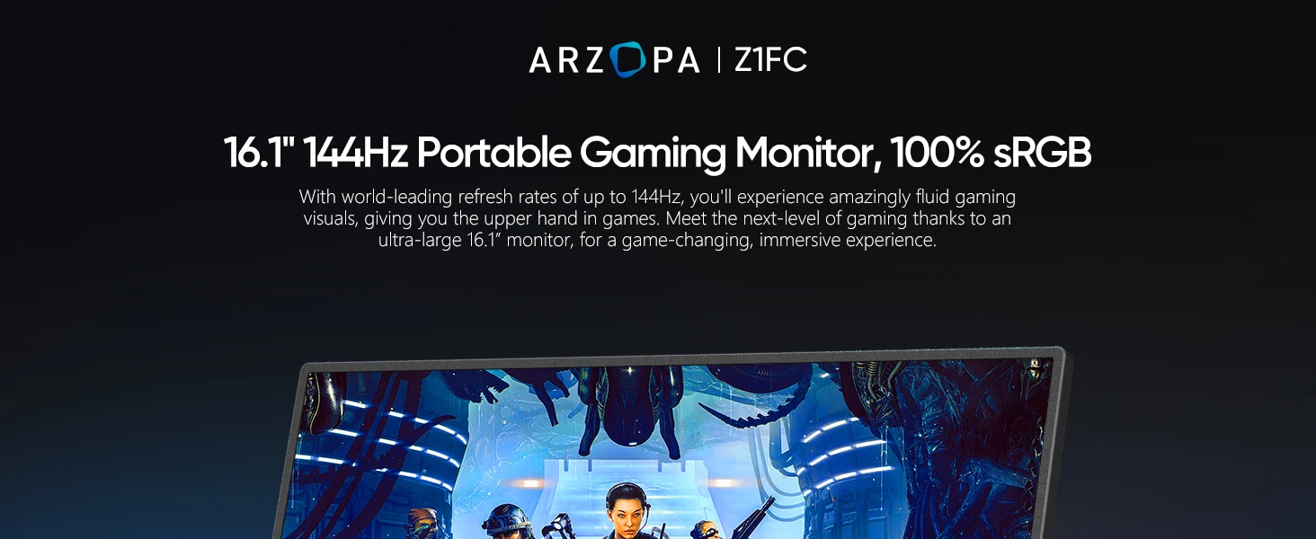 ARZOPA 16.1 inch 100% sRGB 144Hz Portable Monitor Gaming Laptop Display with Type C Mini HDMI For PS/Steam/Deck/Switch/PC/Mac