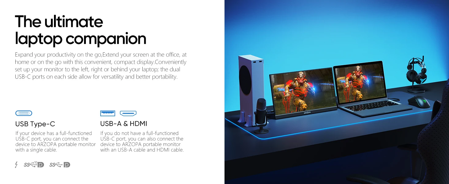 ARZOPA 16.1 inch 100% sRGB 144Hz Portable Monitor Gaming Laptop Display with Type C Mini HDMI For PS/Steam/Deck/Switch/PC/Mac