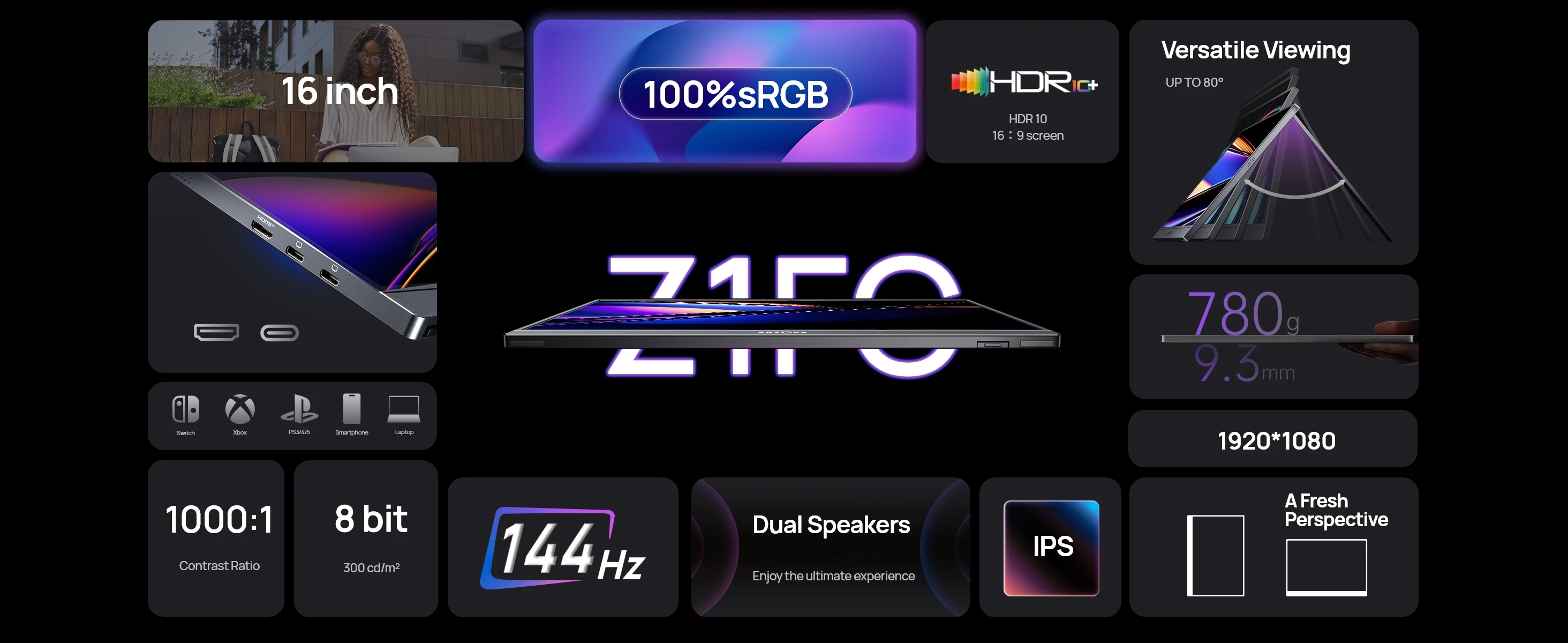 ARZOPA 16.1 inch 100% sRGB 144Hz Portable Monitor Gaming Laptop Display with Type C Mini HDMI For PS/Steam/Deck/Switch/PC/Mac